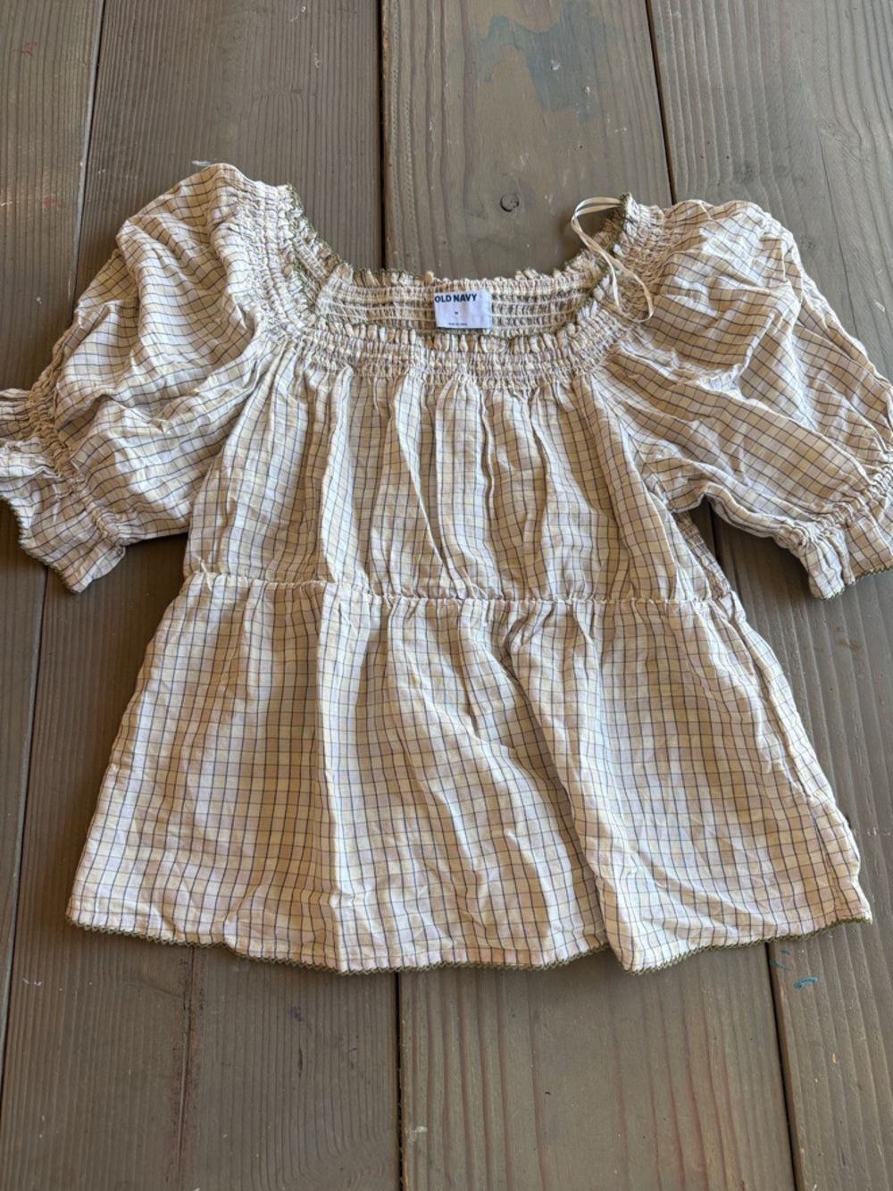 Old Navy Cream Plaid Smocked Peasant Blouse